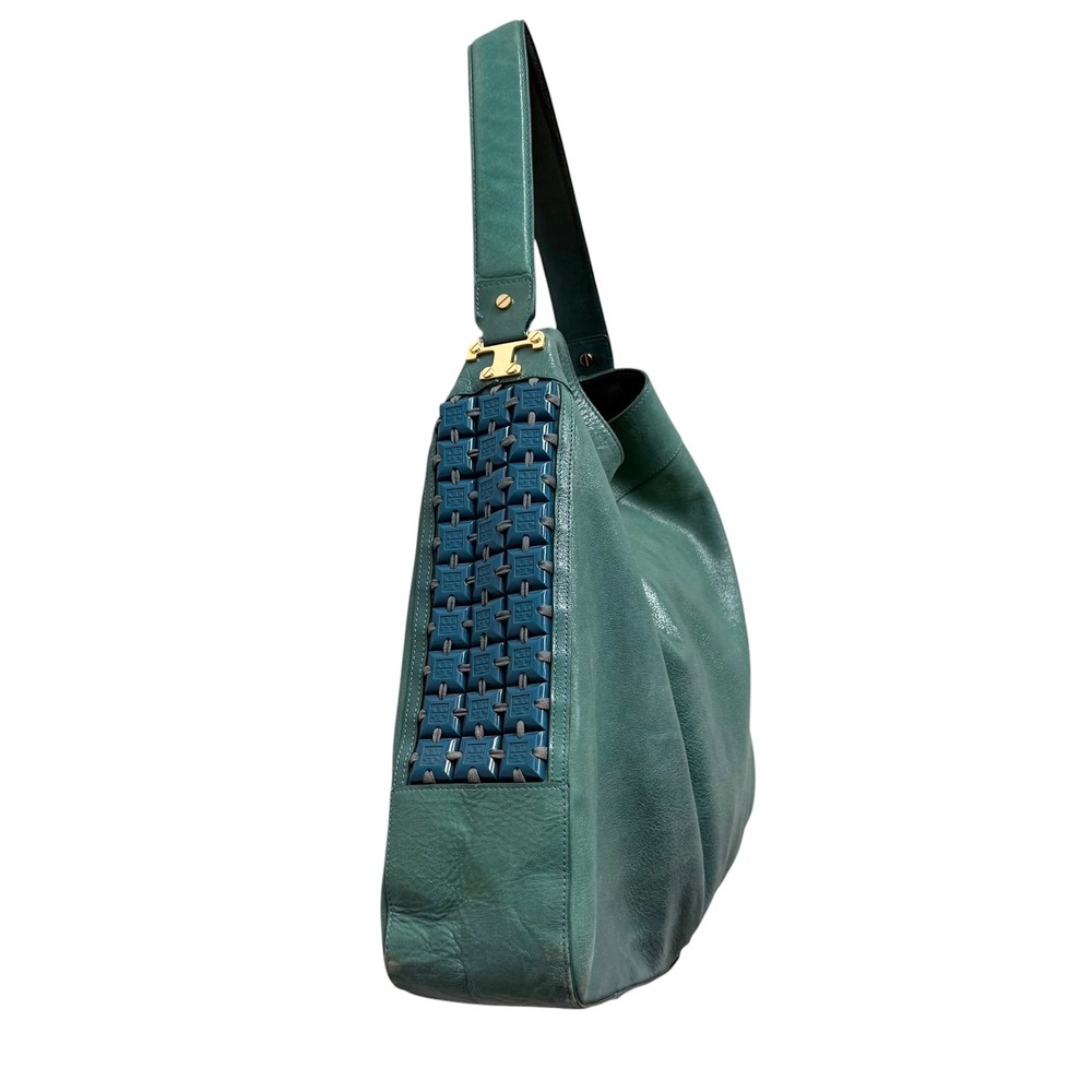 Tory Burch Teal Leather Hobo Bag with Resin Logo Tiles and Gold Hardware Rare